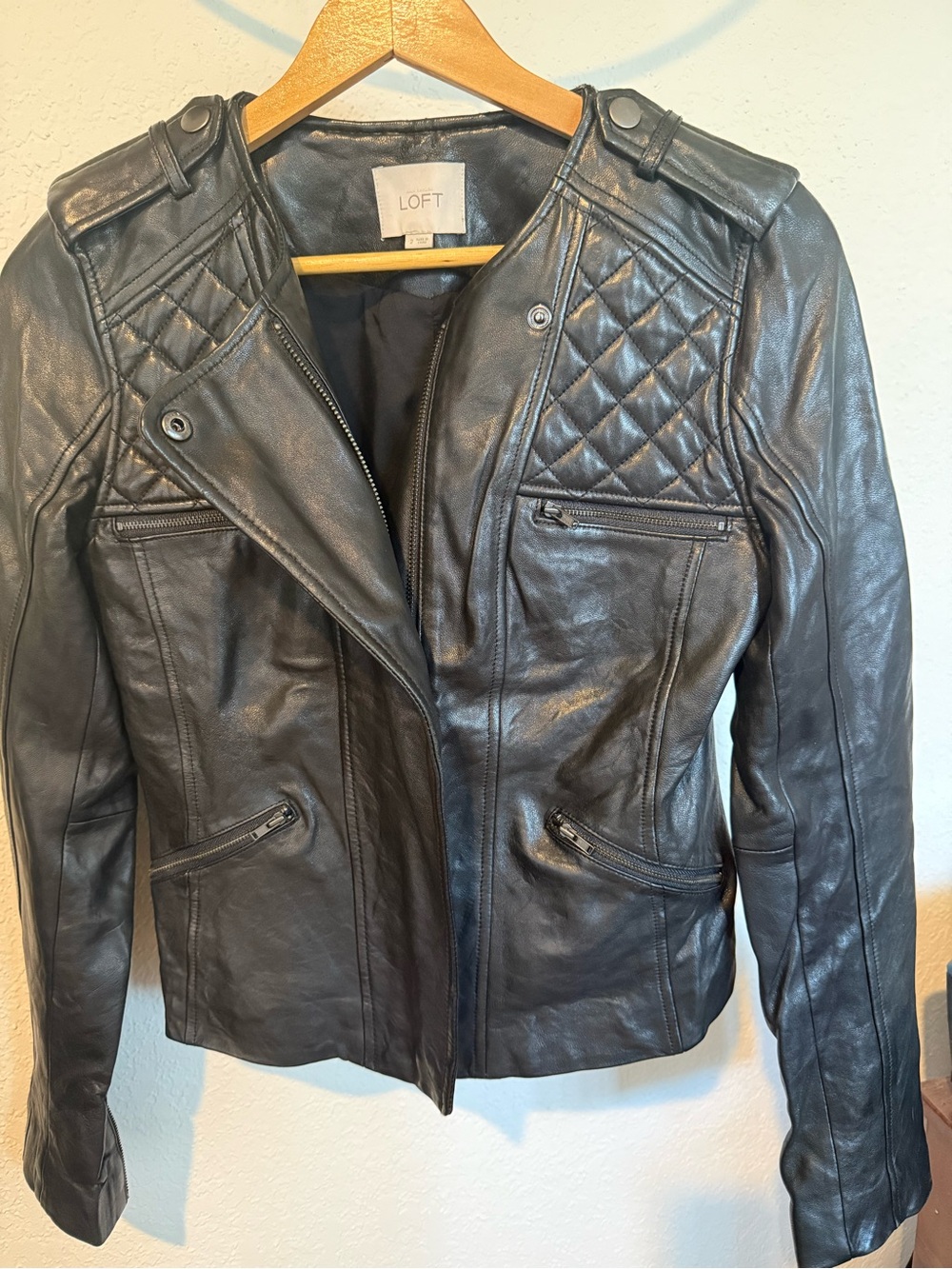 LOFT Black Quilted Shoulder Leather Moto Jacket